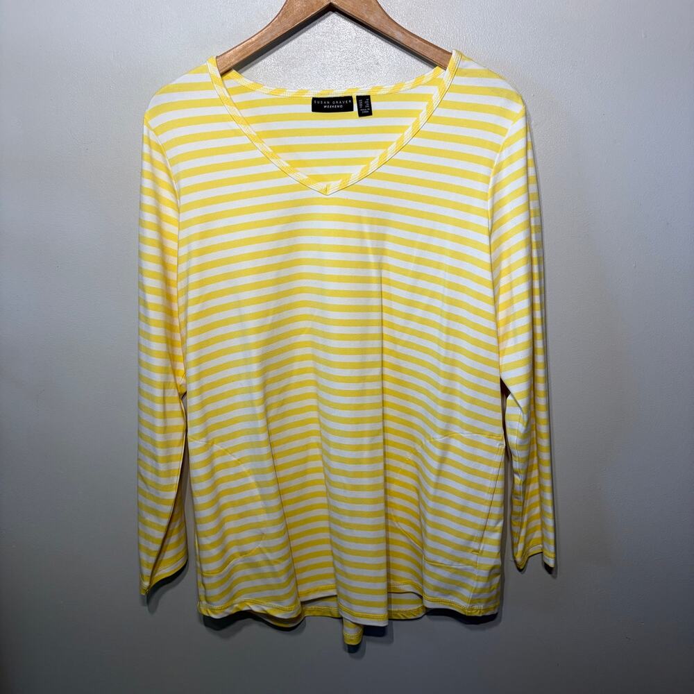 Susan Graver Weekend Tunic Knit Yellow White Stripe Pocket Summer Vacation 1X